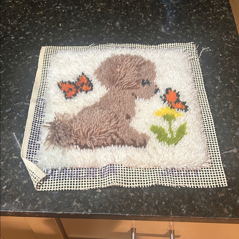 Vintage Cute Puppy and Butterfly Latch Hook wall hanging